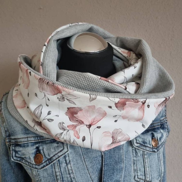 Loop scarf women's handmade scarf jersey flowers grey