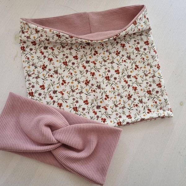 Girls loop scarf headband neckerchief scarf old pink flowers