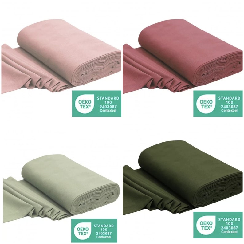May include: Four rolls of fabric in different colors: dusty rose, pink, sage green, and olive green. Each roll has a green label with the text "OEKO-TEX&reg; STANDARD 100 2403087 Centexbel".