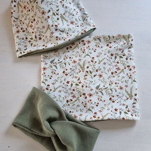 Loop scarf beanie headband set girls children flowers khaki
