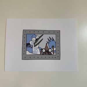 May include: A cartoon illustration featuring characters from the animated series Regular Show. The artwork depicts a blue character with a large beak and a brown character with a hat, set against a snowy background within a grey frame.