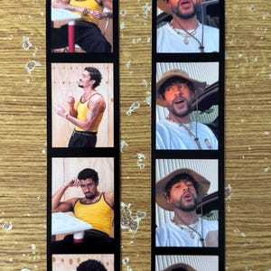 May include: A vertical strip of four photo booth-style images on the left shows a man in a yellow tank top. The right side shows four images of a man wearing a hat and white shirt. The images are in black frames.