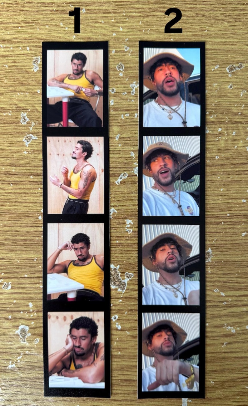 May include: A vertical strip of four photo booth-style images on the left shows a man in a yellow tank top. The right side shows four images of a man wearing a hat and white shirt. The images are in black frames.