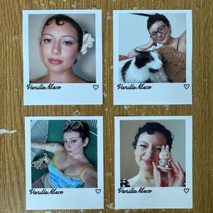 May include: Four polaroid-style photographs on a wooden surface. Each photograph features a person. The photos have the text "Vanilla Mace" and a heart symbol. The images show different poses and settings.