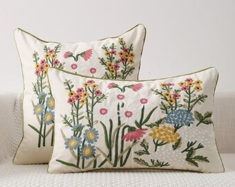 Wild Flower Pink Blue Hand Embroidered Decorative Pillow Covers for living room Bedroom Home Decor Pillow Cases