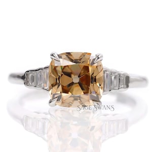 Old Mine Cut Champagne Moissanite Ring, Champagne Engagement Ring, Baguette Side Accents Ring, Cluster Wedding Ring, Unique Bridal Ring