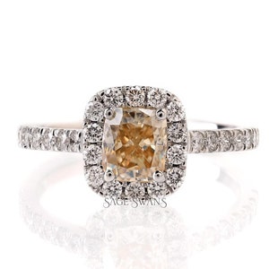 1.10 CT Cushion Cut Yellowish Champagne Moissanite Engagement Ring, 10K/14K/18K White Gold Cluster Halo Ring, Proposal Ring, Cathedral Rings