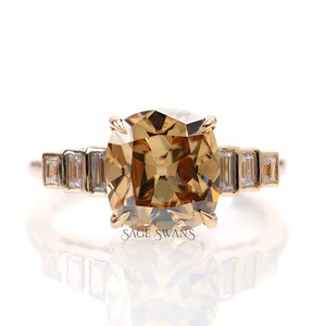 Old Mine Cut Cushion Dark Champagne Moissanite Ring, Vintage Engagement Ring, Unique Cluster Ring, Anniversary Ring, 14k Yellow Gold Ring