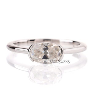 Old Mine Cut East West Oval Moissanite Ring, Half Bezel Engagement Ring, Dainty Oval Ring, 10k White Gold Cathedral Rings, Oval Promise Ring