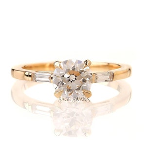 Old European Cut Moissanite Engagement Ring, 14K Yellow Gold Three Stone Ring, Baguette Side Stone, Dainty Three Stone Ring, Cathedral Rings