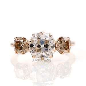 Old Cut Three Stone Ring, Three Stone Moissanite Ring, Old Mine Cut Champagne Side Stone Ring,  Georgian Style Three Stone Ring, Gold Rings
