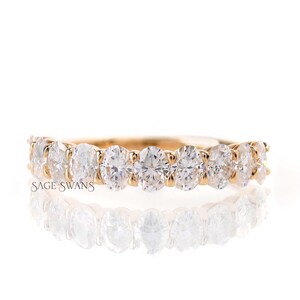 Oval Moissanite Half Eternity Band, Unique Oval Wedding Band, Minimalist Wedding Bands for Women, 14k Solid Gold Stacking band