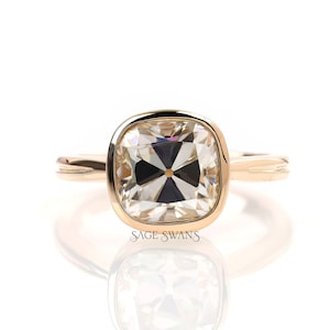 8.25 MM Old Mine Cut Moissanite Engagement Ring, Unique Bezel Set Proposal Ring, 14K Solid Gold Art Deco Cushion Cut Ring, Anniversary Ring