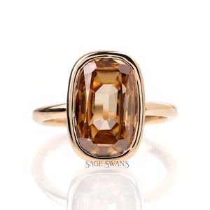 5 CT Old Mine Cut Elongated Cushion Champagne Moissanite Ring, Champagne Engagement Ring, Unique Bezel Set Solitaire Rings, Large Stone Ring