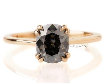 OMC Elongated Cushion Dark Grey Moissanite Engagement Ring, Double Prong Cathedral, Yellow Gold
