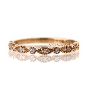 Vintage Milgrain Moissanite Band, Antique Half Eternity Wedding Band, 14K Solid Yellow Gold Bridal Matching Band, Unique Art Deco Band