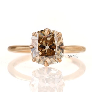 2.5 Ct Old Mine Cut Elongated Cushion Champagne Moissanite Ring, Matte Finish Yellow Gold Ring, Vintage Engagement Ring, Georgian Ring