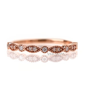 Vintage Style Moissanite Wedding Band, Art Deco Miligrain Half Eternity Stacking Band, Delicate Engagement Matching Band, Rose Gold Band
