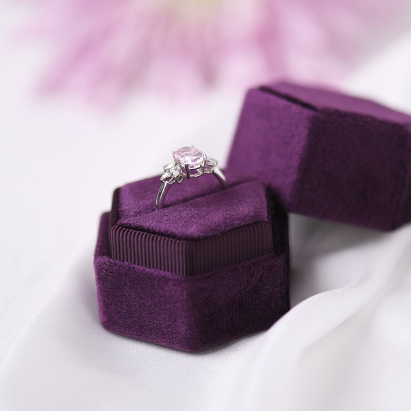 Plum Paradise | Hexagon Velvet Ring Box in Single/Double slots - Engagement & Wedding Ring Boxes, Keepsake, Shiny/ Luxurious Ring Holder Box