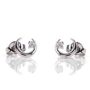 Moon Earrings, Minimalist Crescent Moon Lab Diamond Earrings, Unique White Gold Half Moon Stud Earrings, Delicate Celestial Earrings