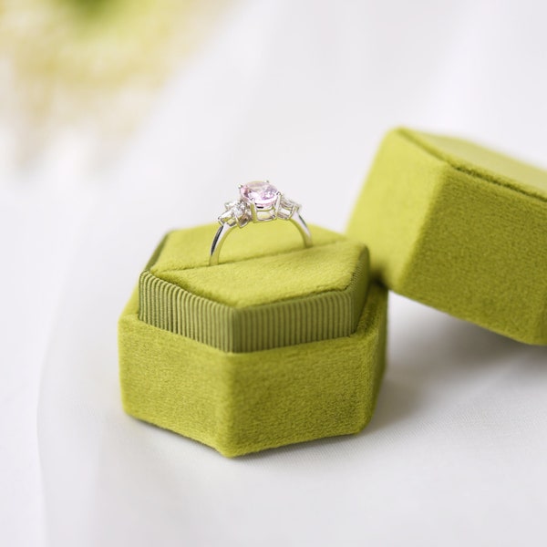 Pear Green | Hexagon Velvet Ring Box in Single/Double slots - Engagement & Wedding Ring Box, Keepsake, Ring Bearer Gift, Lime Color Box