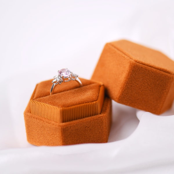 Burnt Orange | Hexagon Velvet Ring Box in Single/Double slots - Engagement & Wedding Ring Box, Keepsake, Ring Bearer Gift, Bright Ring Box