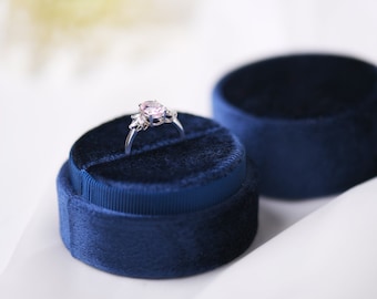 Midnight Blue | Round Velvet Ring Box in Single/Double slots - Engagement & Wedding Ring Boxes, Keepsake, Shiny/ Luxurious Ring Holder Box