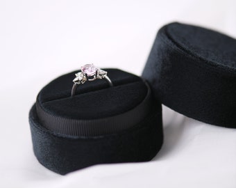 Raven Black | Round Velvet Ring Box in Single/Double slots- Engagement & Wedding Ring Box, Keepsake, Shiny/ Luxurious Black Ring Holder Box