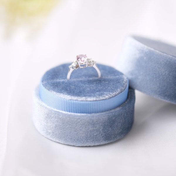 Steel Blue | Round Velvet Ring Box in Single/Double slots- Engagement & Wedding Ring Boxes, Keepsake, Premium/ Luxurious Ring Holder