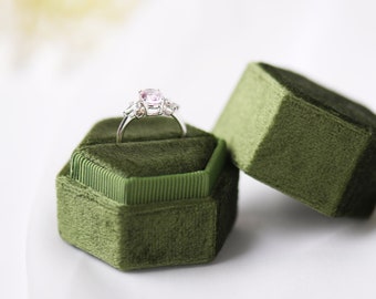 Moss Green | Hexagon Velvet Ring Box in Single/Double slots - Engagement & Wedding Ring Boxes, Keepsake, Premium/ Luxurious Ring Holder