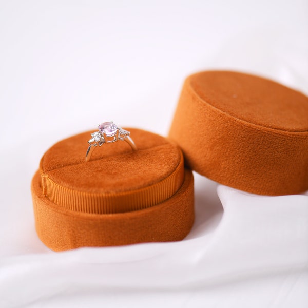 Burnt Orange | Round Velvet Ring Box in Single/Double slots - Engagement & Wedding Ring Box, Keepsake, Ring Bearer Gift, Bright Ring Box