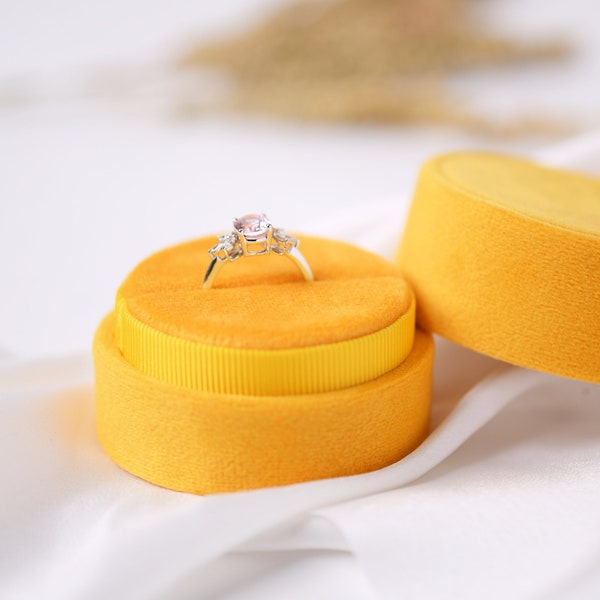 Honey Yellow | Round Velvet Ring Box in Single/Double slots - Engagement & Wedding Ring Box, Keepsake, Ring Bearer Gift, Bright Yellow Box