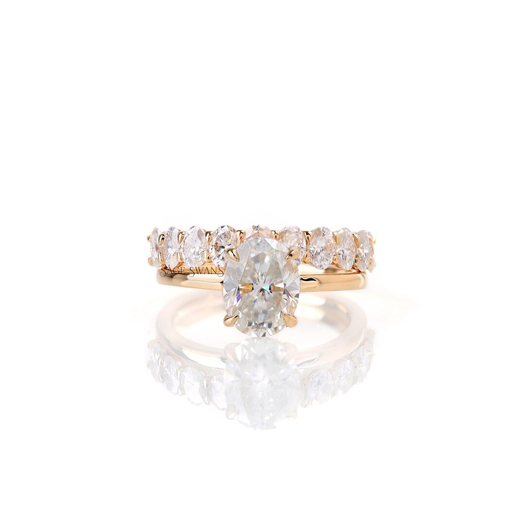 Oval Moissanite Wedding Ring Set, 14k Gold Half Eternity Band - Etsy