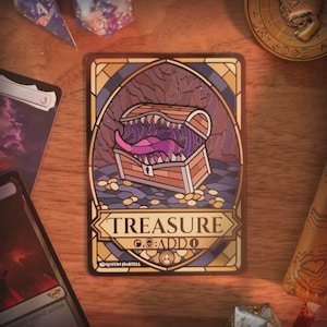 May include: A fantasy card with a stained-glass effect, depicting a treasure chest with a monstrous mouth and a purple tongue. The word "TREASURE" is at the bottom. Other game pieces surround the card, creating a tabletop gaming scene.
