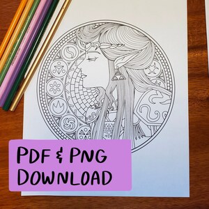 Alphonse Mucha Inspired Princess Zelda Coloring Page PDF and PNG download