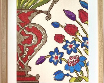 Indian Floral Cross Stitch Pattern | Spring & Summer Sampler | PDF Chart | Digital Download | Design Title: Mughal Flowers and Vase #3