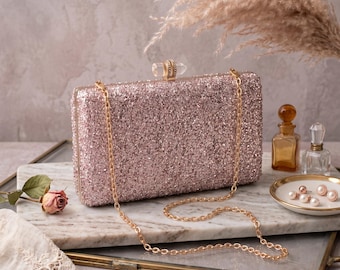 Rose Gold Clutch Bag Sparkly Evening Bag For Wedding Guest Glam Prom Purse with Chain Bridal Party Bag Birthday Gift for Her Pink Purse