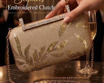 Champagne Gold Sequin Clutch Evening Bag with Chain Strap Wedding Guest Purse Bridal Party Handbag Formal Event Bag For Bridal Party Purse