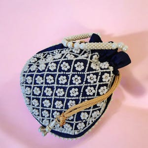 Bolso de noche con cuentas de perlas Potli azul marino, accesorio nupcial vintage, regalo de recuerdo de boda, bolso Potli de moda, bolso de mano de boda indio, elegante bolso