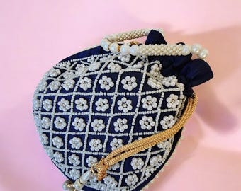 Navy Blue Potli Pearl Beaded Evening Purse Vintage Bridal Accessory Wedding Favor Gift Fashion Potli Bag Indian Wedding Clutch Elegant Purse