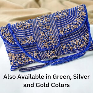 Bolso de mano con cuentas, bolso de mano azul llamativo, bolso de noche azul, bolso de boda indio, regalo para mejor amiga, bolso de mano para fiesta de graduación, bolso de mano plateado