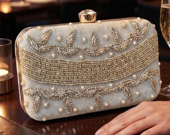 Luxury Bridal Clutch Embroidered Pearl Evening Bag Silver Velvet Clutch For Wedding Purse Bridesmaid Gift for Her Formal Occasion Handbag