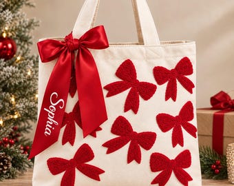 Embroidered Christmas Tote Personalized Canvas Bag with Name Custom Scarf Holiday Gift For Mom Teacher Hostess Gift Idea for Coworker Bestie