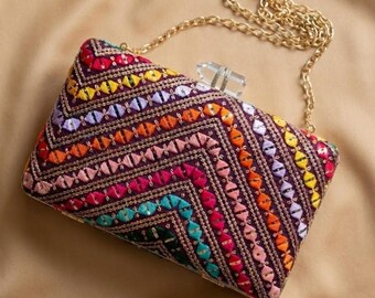 Embroidered Clutch Purse with Chain Strap Colorful Evening Bag For Wedding Guest Crossbody Purse Handmade Clutch Gift for Prom Party Idea