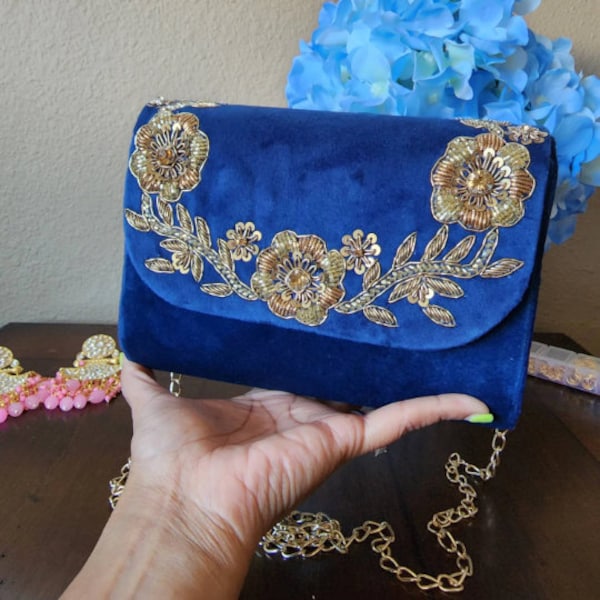 Blue Elegant Clutch Embroidered Purse Handcrafted Sequins Embellished Purse For Formal Event Evening Bag For Party Clutch Bride Gift For Her