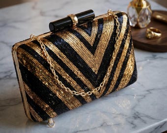Sequin Clutch Black Evening Bag Formal Purse Sister Gift Chain Strap Special Occasion Party Holiday Mother Bride Sparkle Elegant Handbag Her