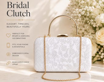 White Wedding Clutch Bride Evening Purese Floral Wedding Guest Clutch White Handbag For Bride Elegant Evening Handbag Mother Of Bride Gifts