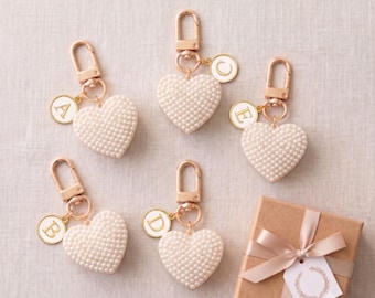 Personalized Pearl Heart Keychain with Enamel Initial Charm Gold Tone Bag Accessory Cute Keyring Valentine's Day Gift Birthday Best Friend