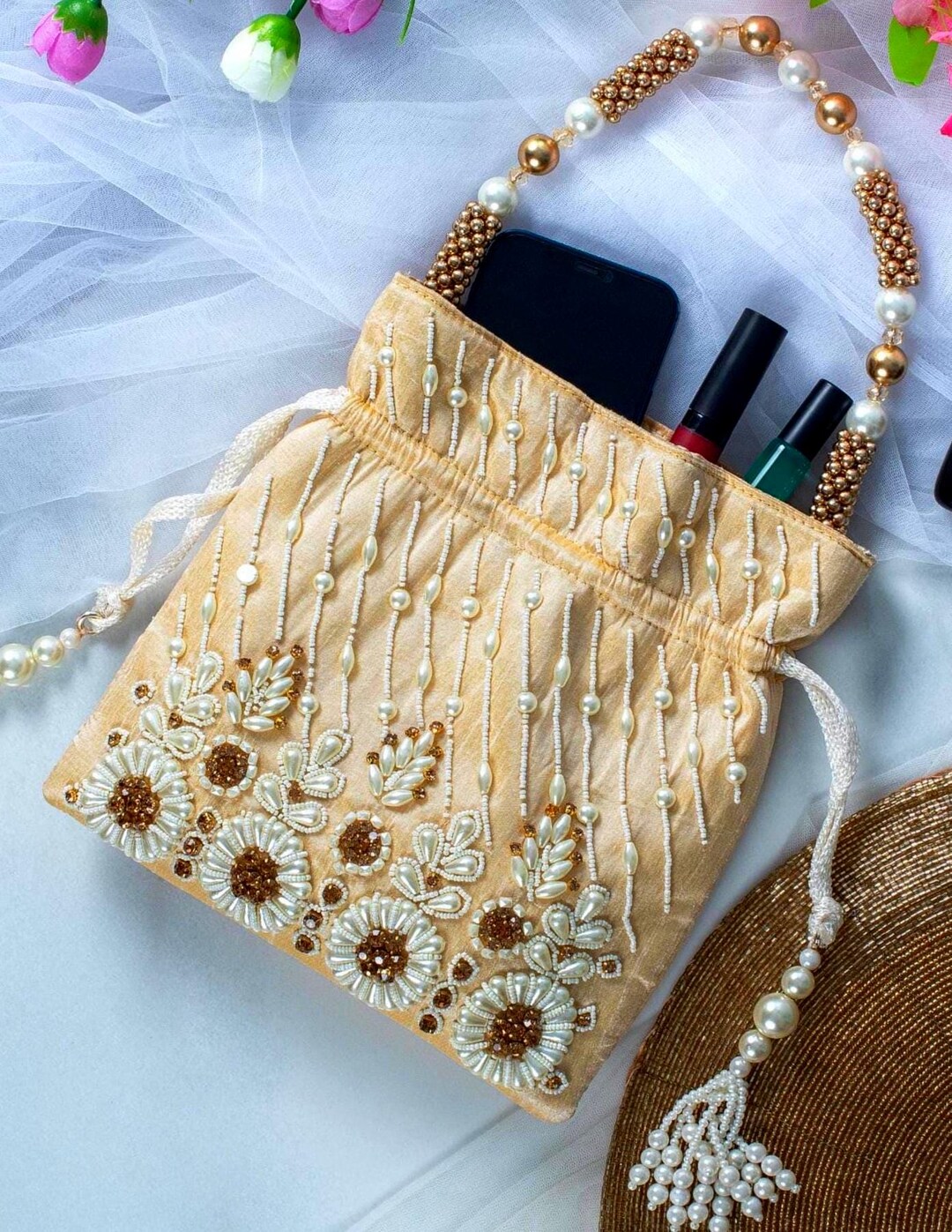 Potli Bag For Women Ethnic Gold, Pearl Handle Floral Accents, Drawstring Closure Pearls Handle Batwa Clutch Purse