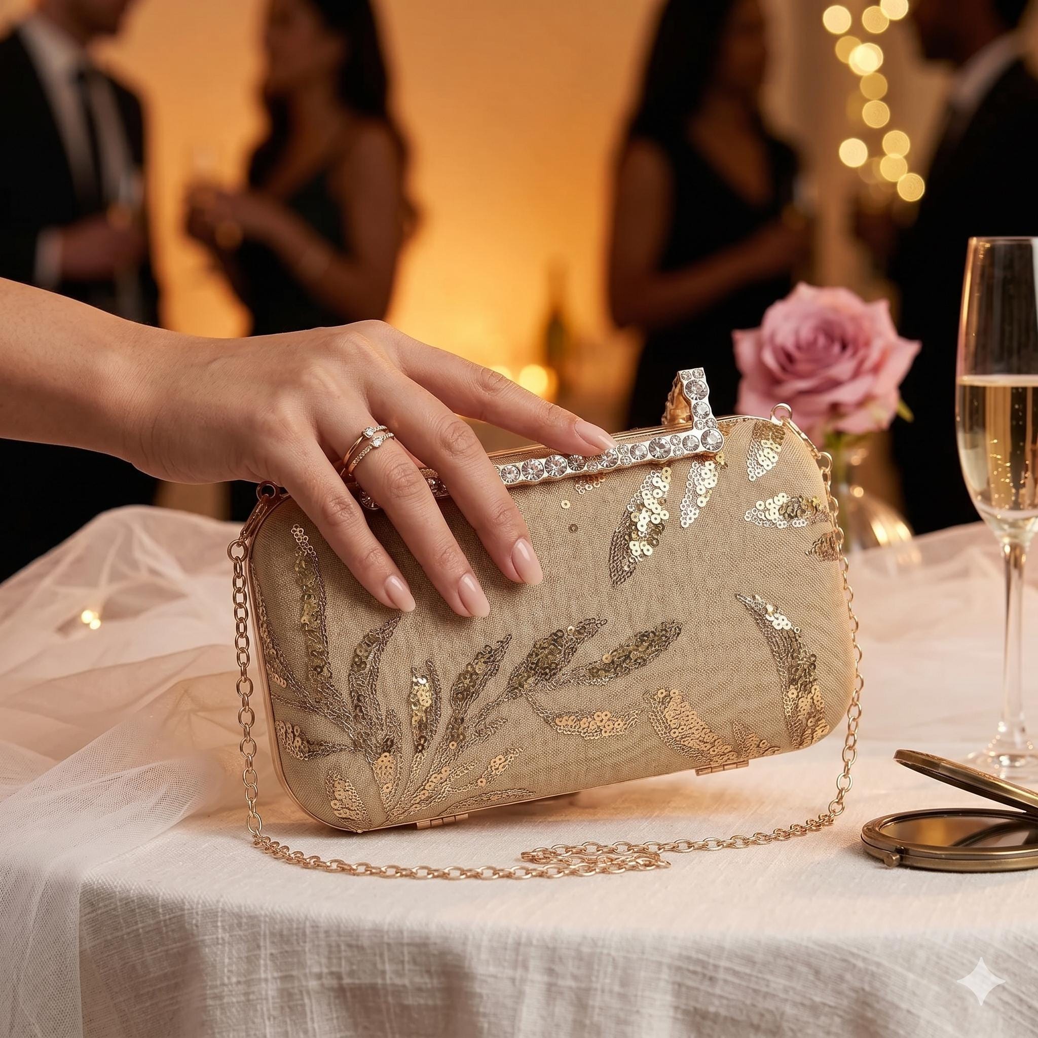 Champagne Gold Sequin Clutch Evening Bag With Chain Strap Wedding Guest Champagne Gold Sequin Clutch Evening Bag With Chain Strap Wedding Guest